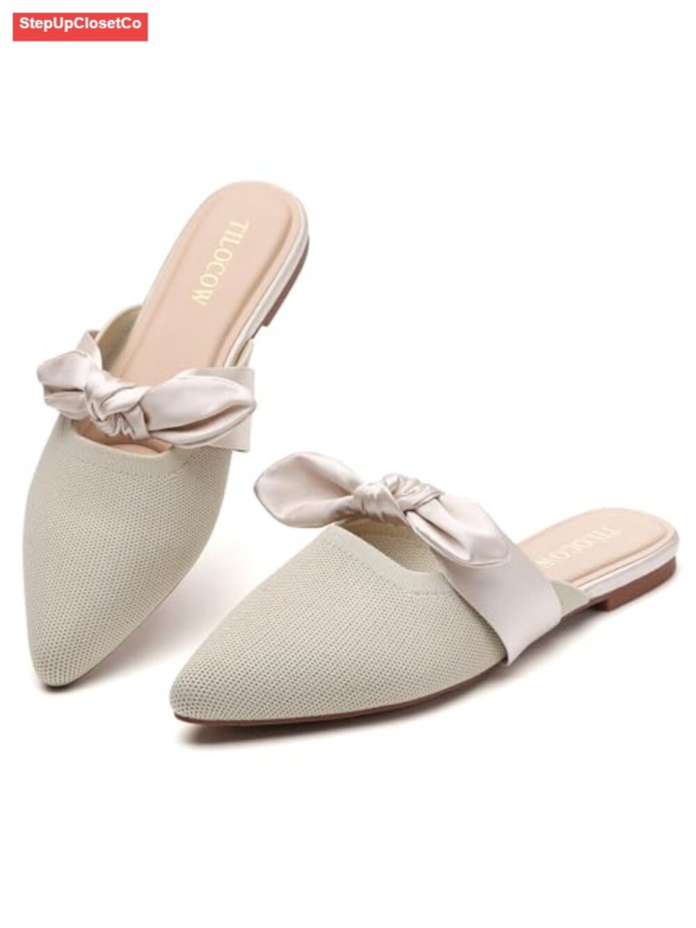 Women's Knit Pointed Toe Bow Mules Slip On Flats Dressy Comfortable